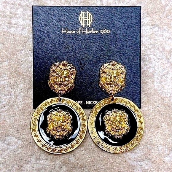 Brand New House of Harlow 1960 Lion Head Gold Tone Black Statement Drop Earring - Picture 14 of 14